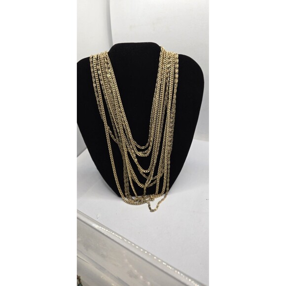 Monet Jewelry - Vintage Signed Monet Gold Tone 11 Strand Cascading Layered Chain Necklace 18”-22